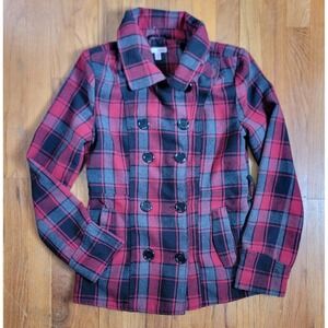 Bongo Red Black Plaid Pea Wool Blend Coat Jacket Women Medium